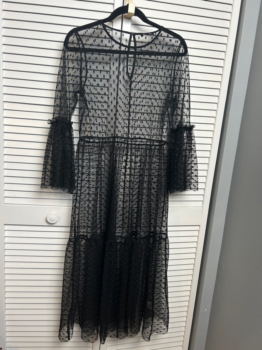 Express Black Sheer Dotted Tiered Midi Dress with Ruffle hem and sleeve M